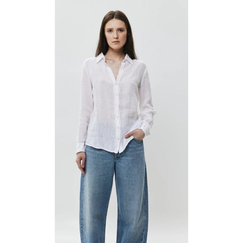 120% Lino Women's Linen Shirt White, with Ruffles and Back Lace-Up Size EU 44/12